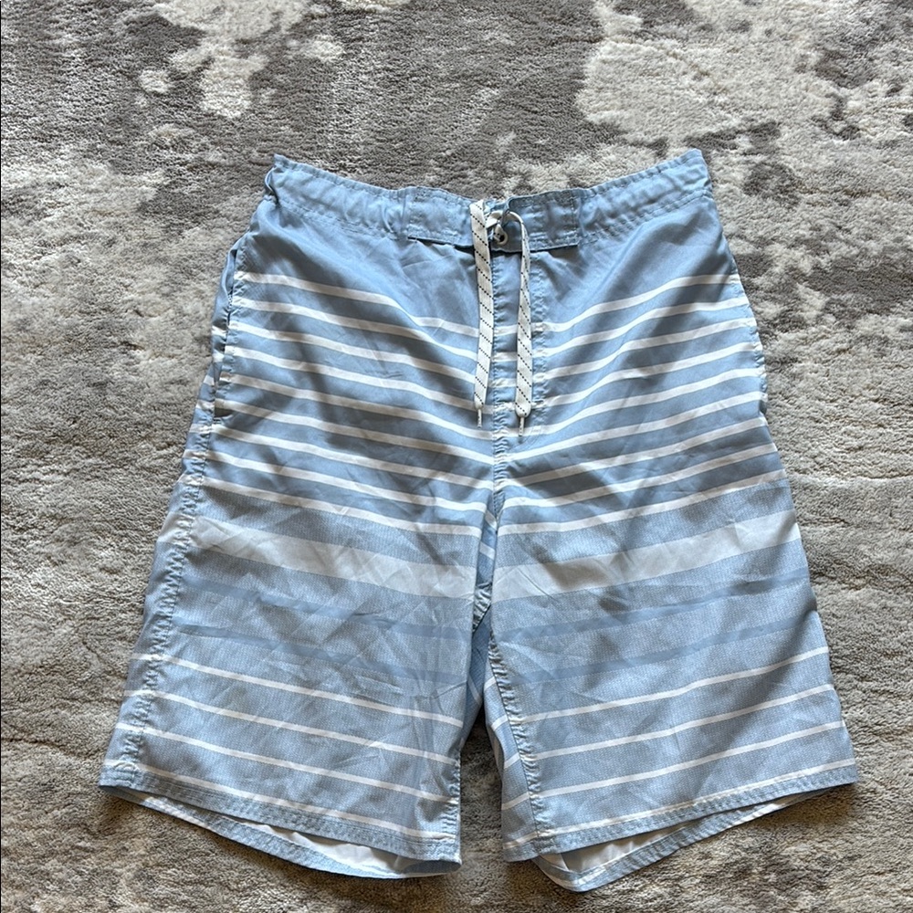 Blue and White Striped Board Shorts for Swimming